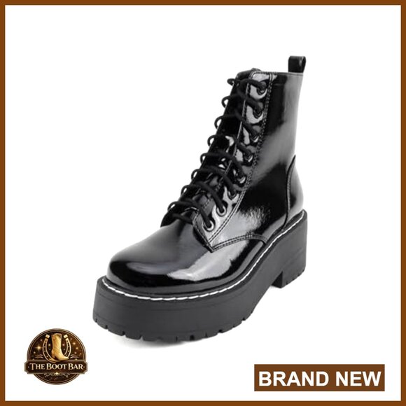 Chunky Lug Sole Combat Ankle Boots with Side Zipper and Lace-Up - Picture 2 of 5
